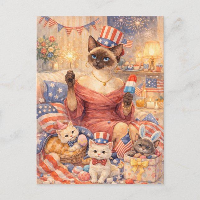 4. Juli Pool-Diva-Katze Postkarte (Vorderseite)