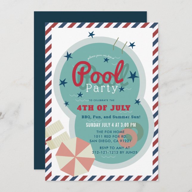 4. Juli Pool Party Einladung (Vorne/Hinten)