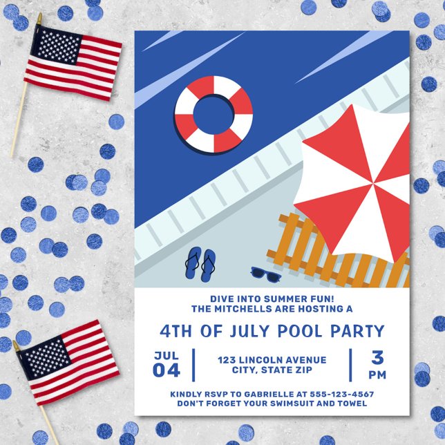 4. Juli Pool Party rot und blau Einladung (Fourth of July pool party invitation)
