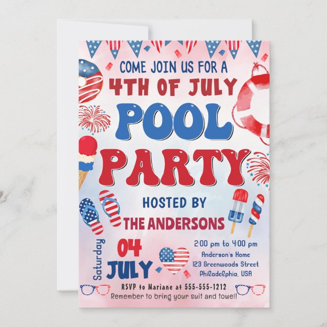 4. Juli Pool Party Sommereinladung Einladung (Vorderseite)