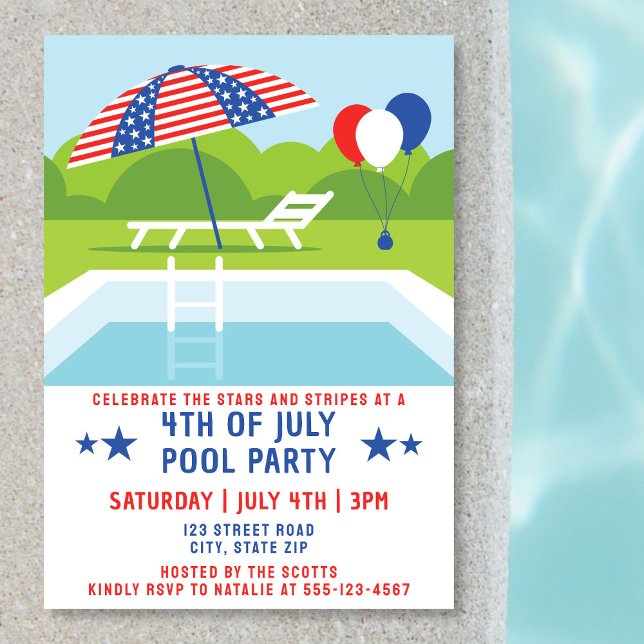 4. Juli Pool Party US Flagge Moderne Einladung (Poolside backdrop.)