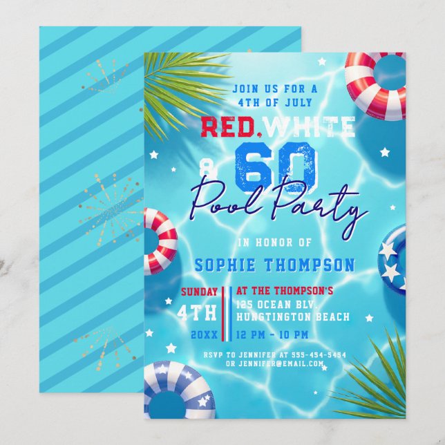 4. Juli Poolparty Frau Modern 60. Geburtstag Einladung (Vorne/Hinten)