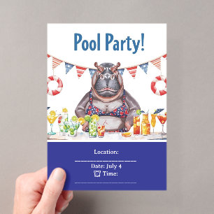 4. Juli Poolparty mit Nilpferd im Bikini Acryleinladungen