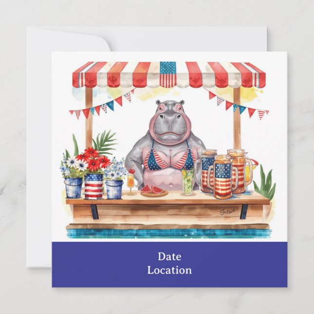 4. Juli Poolparty mit Nilpferd im Bikini  Einladung (Vorderseite)