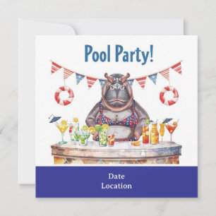 4. Juli-Poolparty mit Nilpferd im Bikini  Einladung