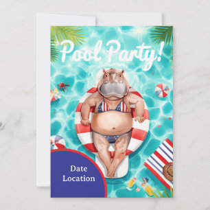 4. Juli Poolparty mit Nilpferd im Bikini Einladung