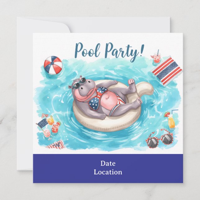 4. Juli-Poolparty mit Nilpferd im Bikini  Save The Date (Vorderseite)