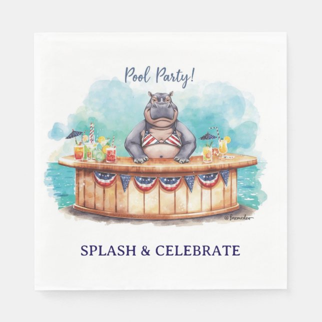 4. Juli-Poolparty mit Nilpferd im Bikini  Serviette (Vorderseite)