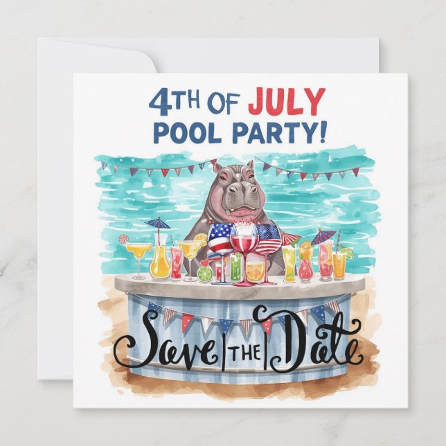 4. Juli-Poolparty mit Nilpferd  Save The Date (Vorderseite)