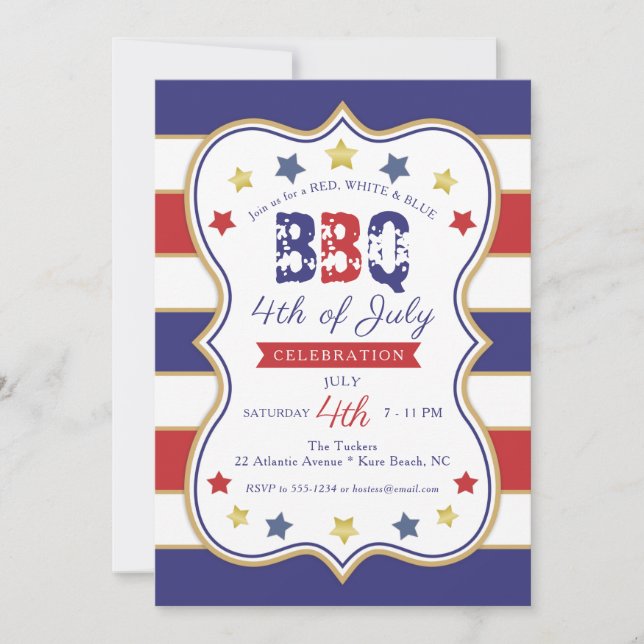 4. Juli Red Blue Gold Stars Stripes GRILLEN Party Einladung (Vorderseite)