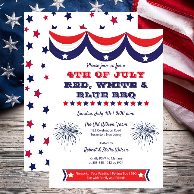 4. Juli Red White and Blue GRILLEN Einladung (Patriotic Bunting 4th of July Red, White and Blue BBQ Invitation - Print and/or Digital Download)