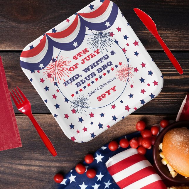 4. Juli Red White and Blue GRILLEN Pappteller (4th of July Red, White and Blue BBQ Square Paper Plates)