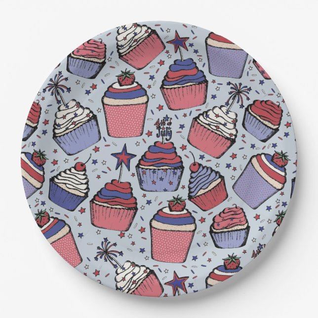 4. Juli Red White and Blue Patriotic Cupcakes Pappteller (Vorderseite)