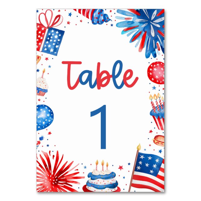 4. Juli Red White and Blue Tischnummer Card (Vorderseite)
