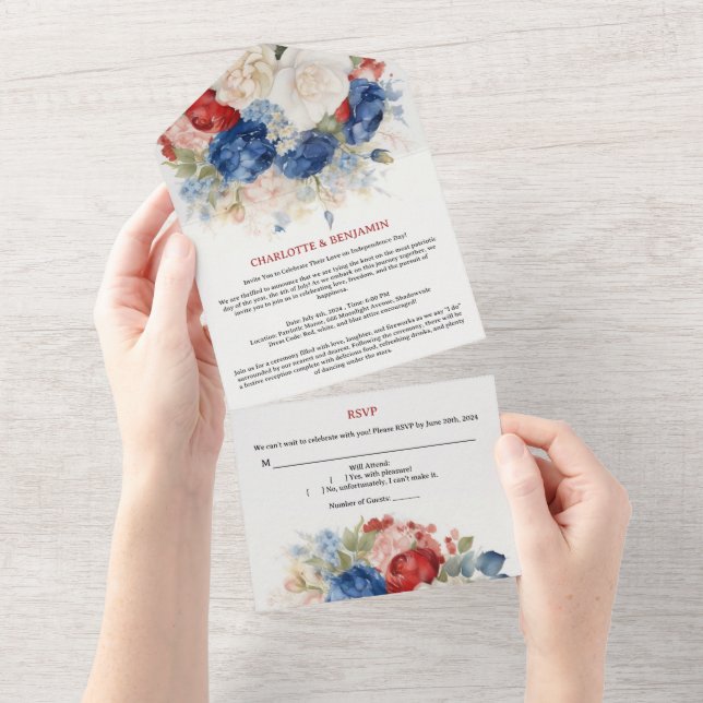 4. Juli Red White & Blue Floral Wedding All In One Einladung (Abreißen)