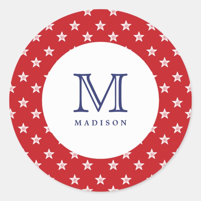 4. Juli Rot-Blau-Monogramm-Party-Aufkleber Runder Aufkleber (Vorderseite)
