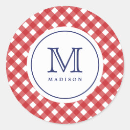 4. Juli Rote Karo Blue Monogram Party Aufkleber