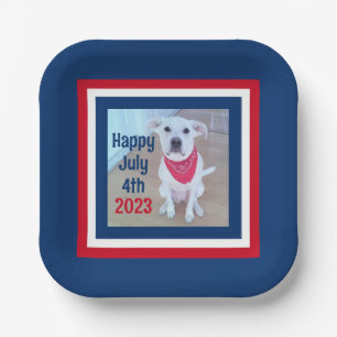 4. Juli Rotes Weißes Foto Streifen Niedlicher Hund Pappteller