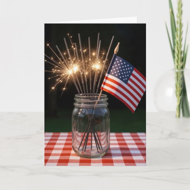 4. Juli Sparklers und Flag In a Mason Jar Karte (Vorderseite)