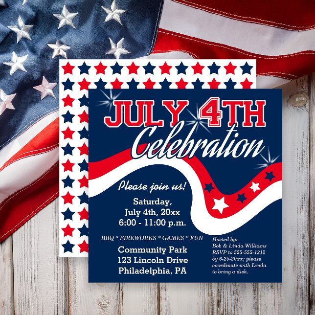 4. Juli Stars Celebration Wave Fireworks Einladung (Red, White and Blue July 4th Stars Celebration Wave Fireworks Invitation)