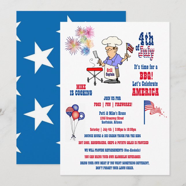 4. Juli Unabhängigkeitstag BBQ Feuerwerk  Einladung (Vorne/Hinten)