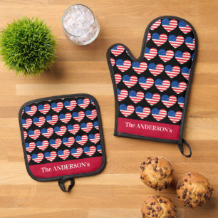 4. Juli Unabhängigkeitstag USA Flag Herz Ofenhandschuh & Topflappen-Set