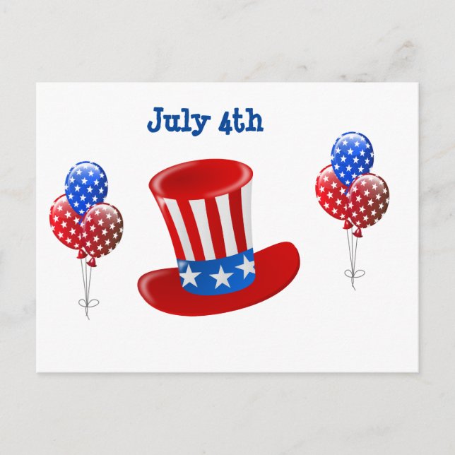 4. Juli Uncle Sam Hat and Balloons Postkarte (Vorderseite)