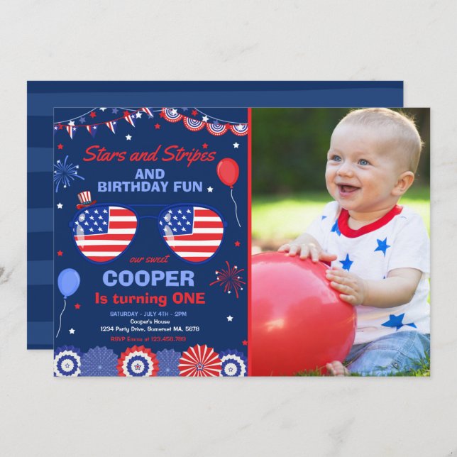 4. Juli US Flagge 1. Geburtstag Einladung (Vorne/Hinten)