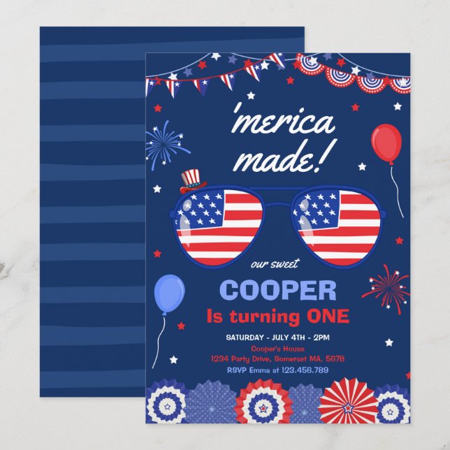 4. Juli US Flagge 1. Geburtstag Einladung (Vorne/Hinten)