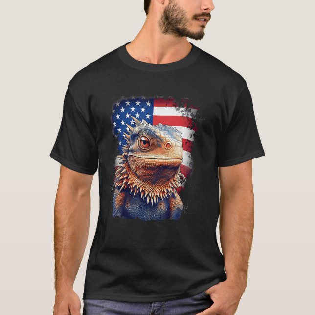 4. Juli US-Flagge Bartete Drache T-Shirt (Vorderseite)