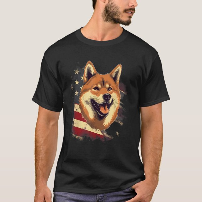4. Juli US-Flagge Schwarz und tan Shiba Inu T-Shirt (Vorderseite)