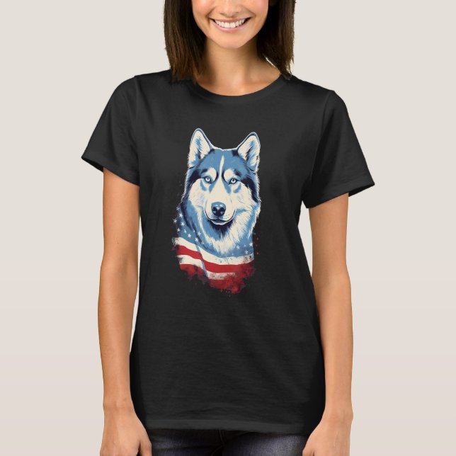 4. Juli US-Flagge Siberian Husky Hund T-Shirt (Vorderseite)