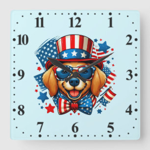 4. Juli USA Patriotischer Hund Unabhängigkeitstag Quadratische Wanduhr