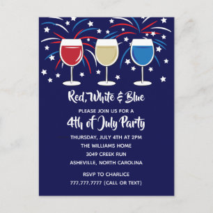 4. Juli Wein Rot Weiß Blau Party Einladungspostkarte