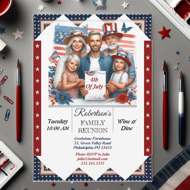 4. Juli Wiedersehen Wein & Dine Party Foto Einladung (4th Of July Family Reunion Wine & Dine Party Photo Invitation)