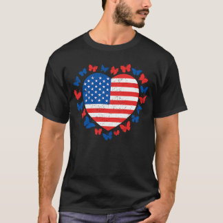 4. july Butterfly American Flag Patriotic Heart U T-Shirt