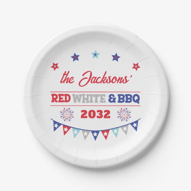 4. july Red white und GRILLEN Familienname patriot Pappteller (Vorderseite)