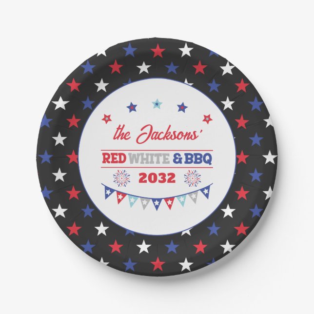 4. july Red white und GRILLEN Familienname patriot Pappteller (Vorderseite)