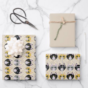4 Katzen, Herringbone Beige Geschenkpapier Set