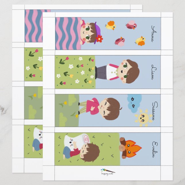 4 Kawaii Camping Friends Editable Lesezeichens (Vorne/Hinten)