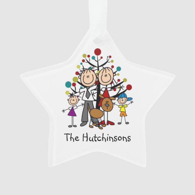 4-köpfige Strichmännchen-Familie, Hunde-Acrylschmu Ornament (Vorderseite)