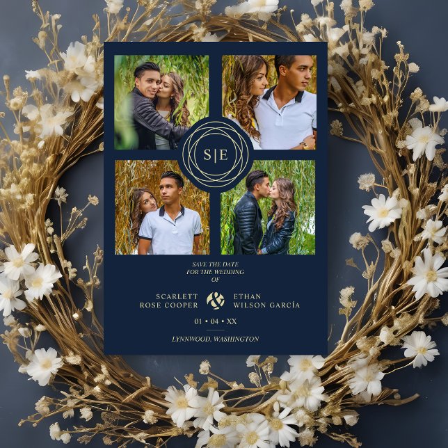 4 Multi Photos Navy Blue & Gold Minimal Initials Magnetkarte (4 Multi Photos Navy Blue & Faux Gold Minimal Initials Save the date Magnetic Card. )