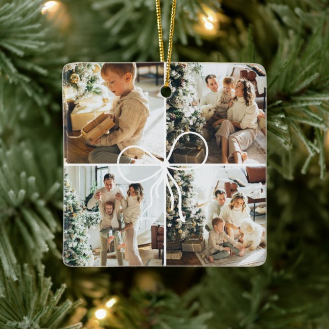 4 Photo Bow Wrap Christmas Family Keepsake Keramikornament (Baum)