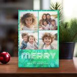 4 Photo Collage - retro MERRY - Tie-Dye Teal Feiertagskarte<br><div class="desc">FRONT - 4 Photo Collage with an area for type and a tie-dye accent. The word "MERRY" is in a retro font that coordinates with the non-traditional background. The 8 photos work best if you crop your photos into square before uploading. Add your greeting and family signature to this eclectic...</div>