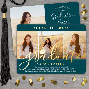 4 Photo Graduation Party Teal White and Gold Folieneinladung