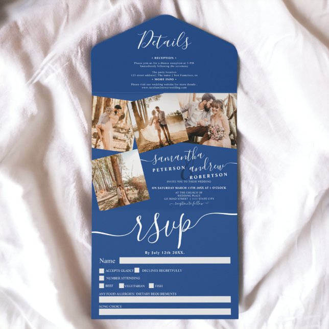 4 Photos blue white modern script wedding All In One Einladung (4 Photos blue white modern script wedding All In One Invitation)