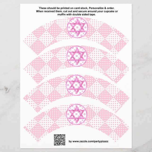 4 Pink Girl Bat Mitzvah Custom Cupcake Wrappers Flyer (Vorne)