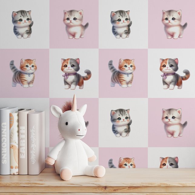 4 Purfect Kittens on Pink & White: Peel and Stick Tapete (4 Purrfect Kittens on Pink & White: Peel and Stick Wallpaper)