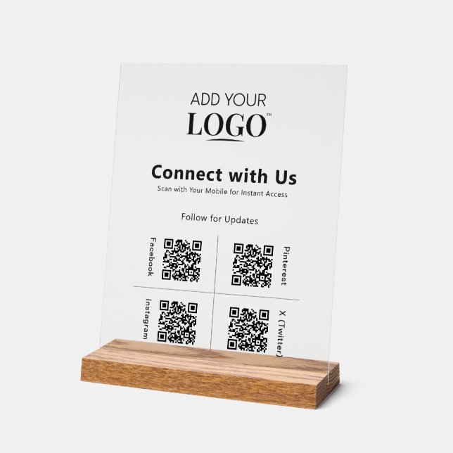 4 QR Code Social Media Connect mit Uns Logo Modern Acrylschild (Winkel)