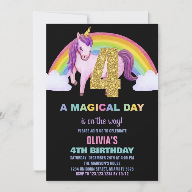 4. Rainbow Unicorn Birthday Einladungen Glitzer (Vorderseite)